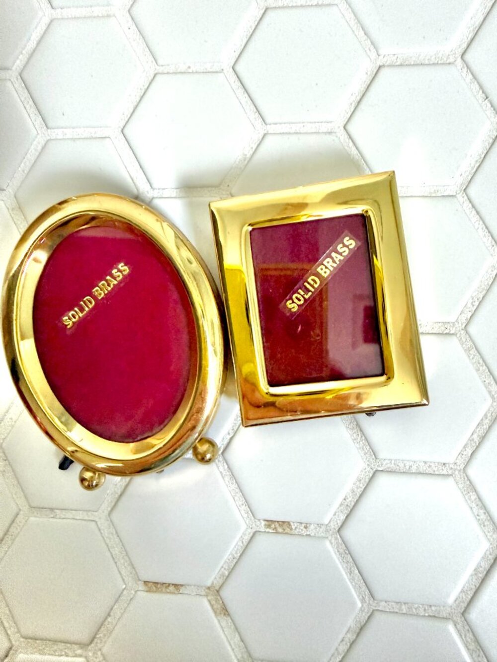 Vintage Solid Brass Mini Picture Frames Set of 2 Oval & Rectangle 2x3